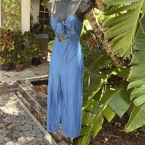 Michael Kors denim cropped wide leg jumpsuit with chain straps